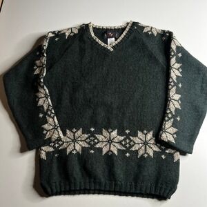 American Portrait Mens Small Wool Blend V-Neck Sweater Green Snowflake Fair Isle